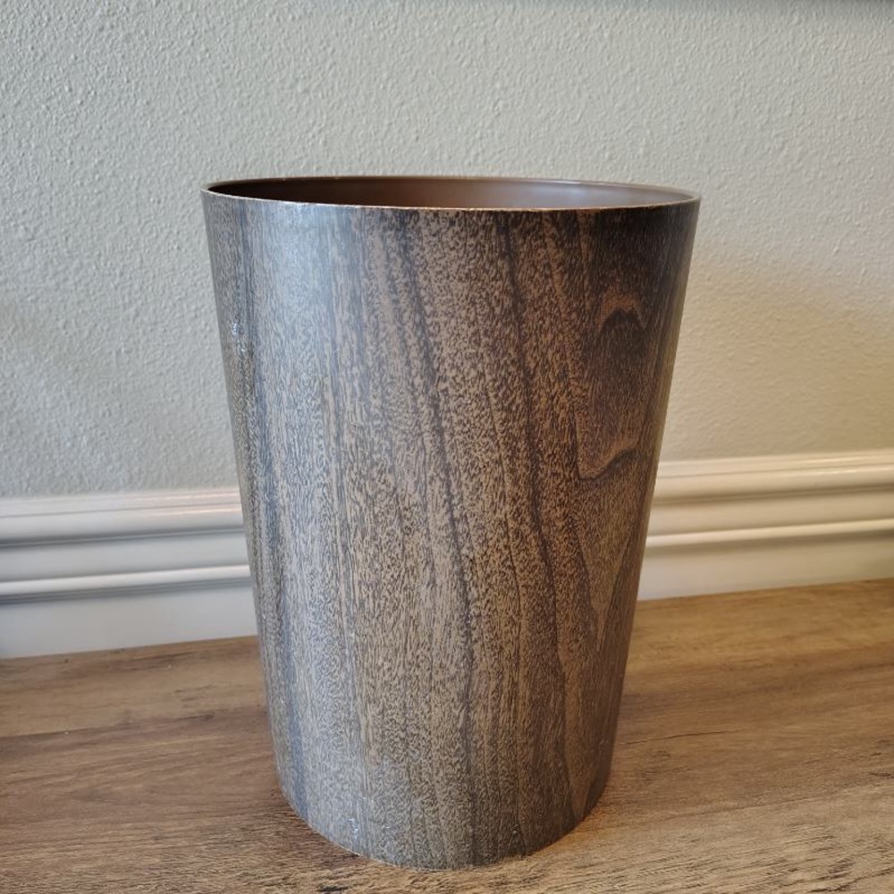Vintage MCM Faux Wood Plastic Waste Basket Trash Can USA 12”